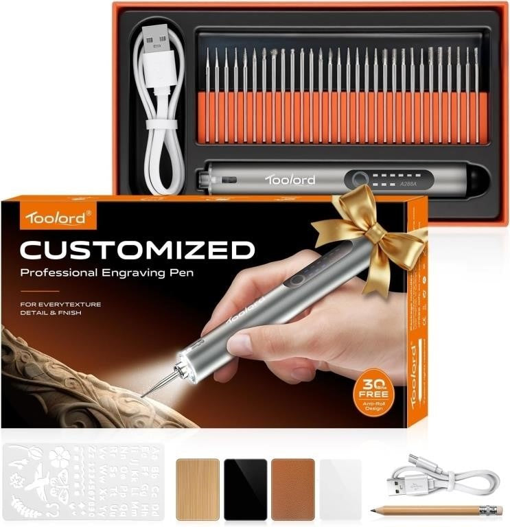 Engraving Pen with LED Light,HollowCup Motor,Cordless USB Rechargeable Rotary Tool for Metal,Wood,Glass and Plastic,DIY Engraving Kit with 30 Bits,Silver
