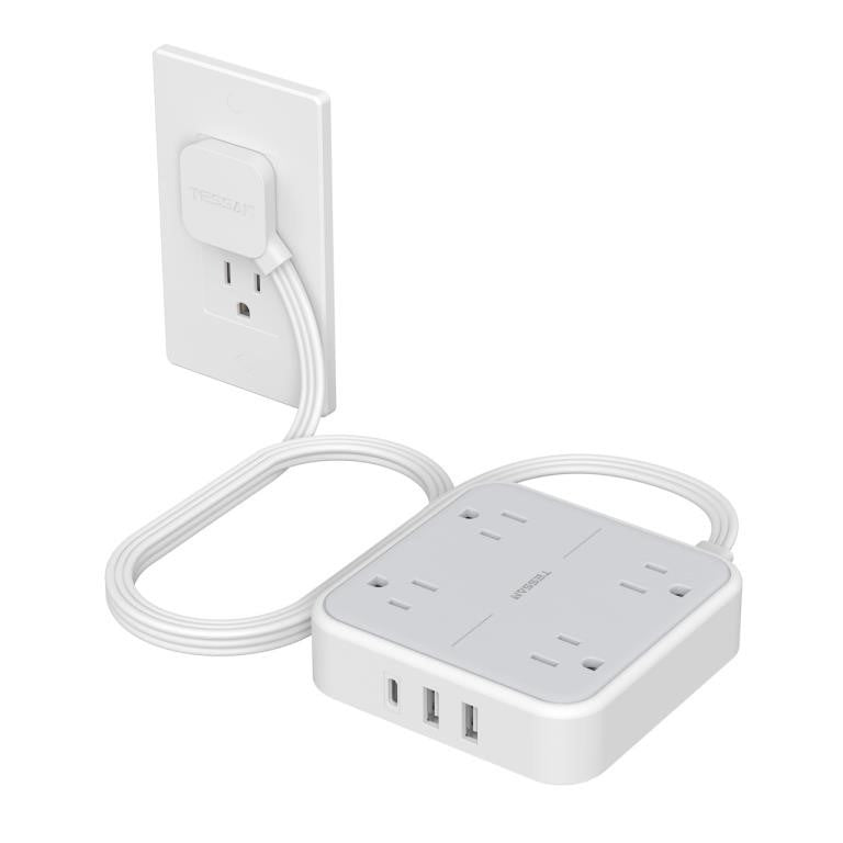 Flat Plug Power Bar with USB C, 4FT Ultra-Thin Extension Cord, 2 Outlet with 3 USB Ports (2 USB C), No Surge Protection for Cruise Ship, Travel Essentials, Dorm Room (4 Outlets White)