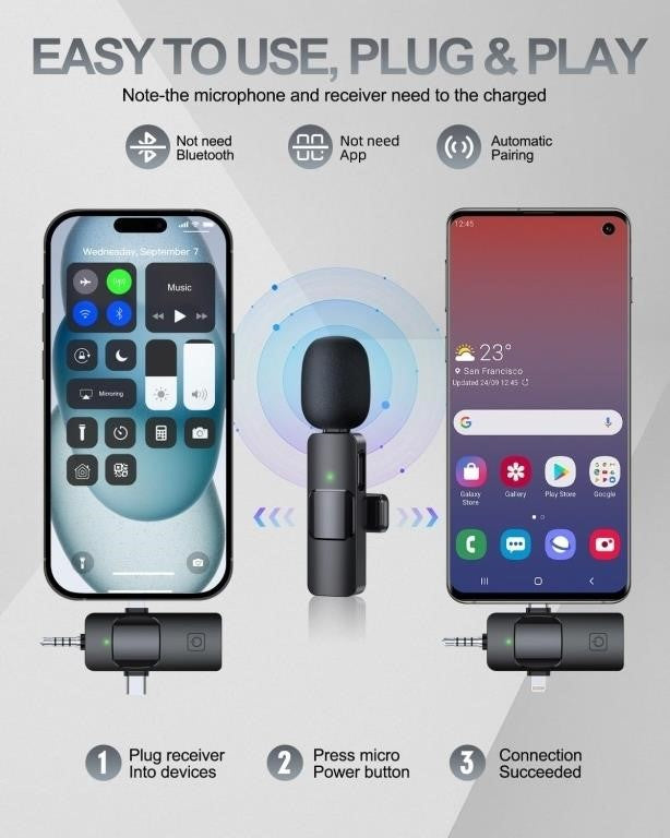 PQRQP 3 in 1 Wireless Lavalier Microphone for iPhone, iPad, Android, Camera, Wireless Microphone, USB C Microphone, Cordless Lapel Mics for Video Recording, Vlog, TikTok, YouTube