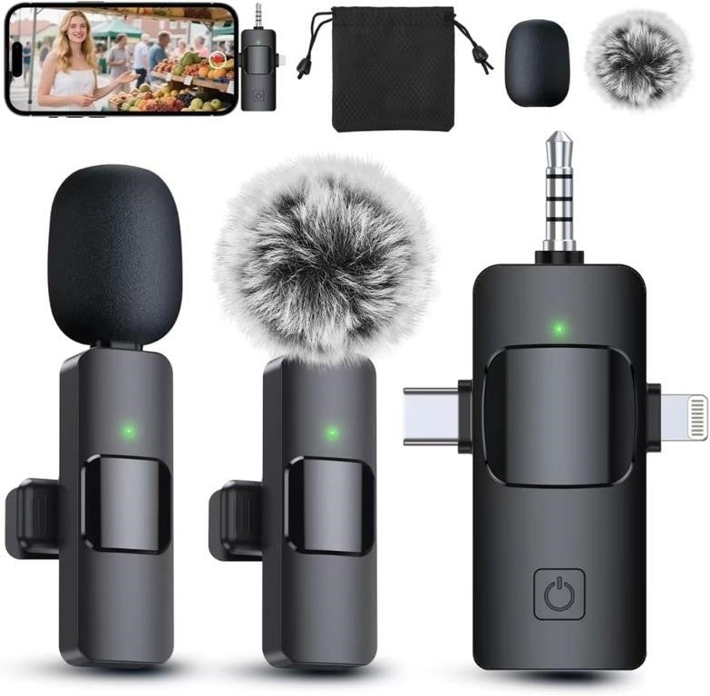 PQRQP 3 in 1 Wireless Lavalier Microphone for iPhone, iPad, Android, Camera, Wireless Microphone, USB C Microphone, Cordless Lapel Mics for Video Recording, Vlog, TikTok, YouTube